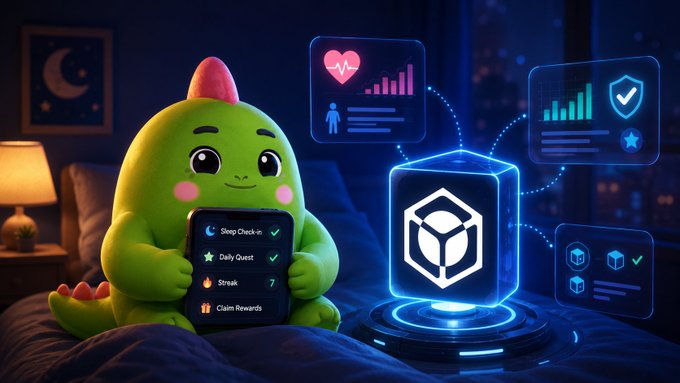 A cute green dinosaur mascot in a bedroom holding a smartphone displaying check-in tasks (Sleep Check-in, Daily Quest, Streak), with a glowing holographic box emitting data icons including health metrics and rewards.