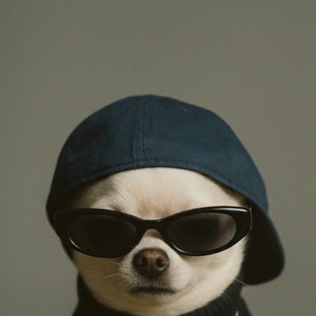A portrait-style photo of a small white dog wearing a dark blue cap pulled low over its head and black sunglasses.