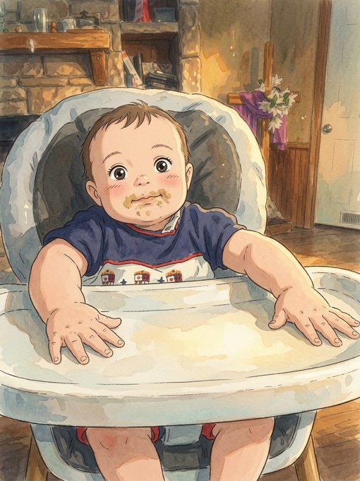 A watercolor-style illustration depicts a smiling baby with food smeared on their face sitting in a high chair, wearing a dark blue shirt with a small pattern.