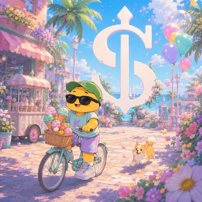 A pastel anime-style illustration of a yellow emoji-like character wearing sunglasses and a cap, riding a bicycle with a basket of ice cream, accompanied by a small corgi dog under a large stylized 'S' logo, with balloons and a flower cart in the background.