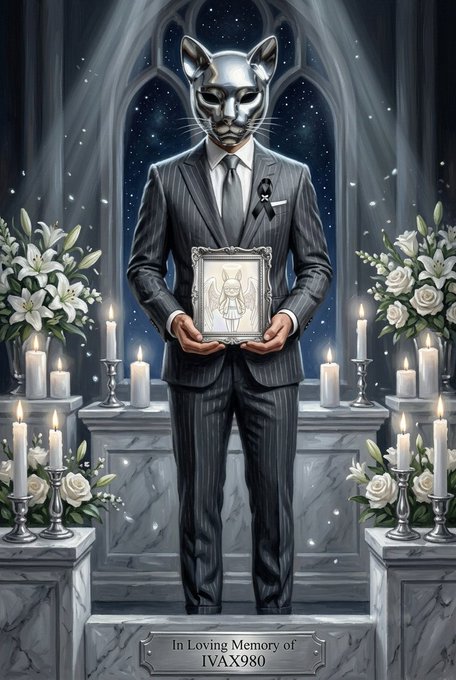 A digital artwork depicts a memorial scene featuring a figure in a pinstripe suit wearing a silver cat mask, holding a framed portrait at an altar surrounded by candles and white flowers, with a plaque reading 'In Loving Memory of IVAX980'.
