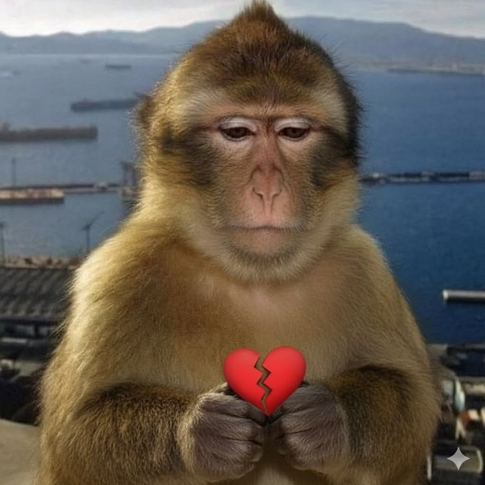 A close-up of a monkey with a melancholic expression holding a broken heart emoji, set against a coastal/harbor background.
