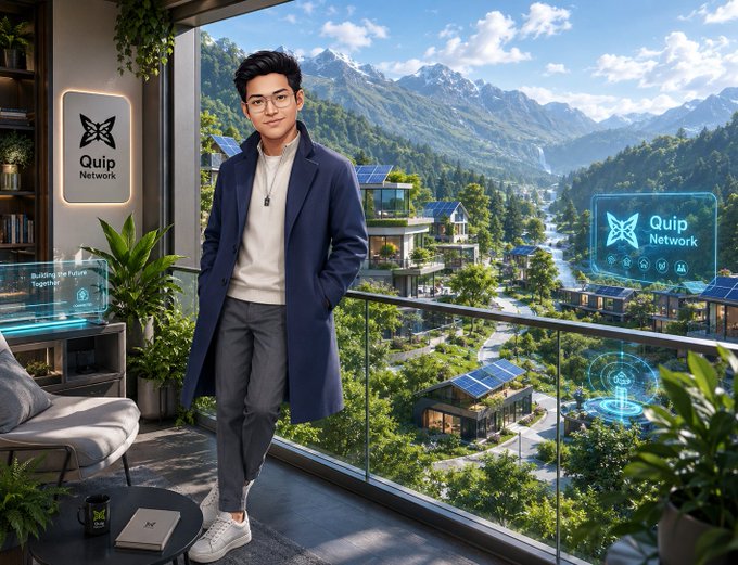 A digital illustration shows a young man in a blue coat standing on a balcony overlooking a futuristic city with solar panels, with 'Quip Network' logos displayed.