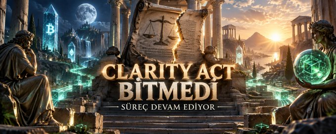 A dramatic fantasy image featuring ancient Greek statues with the text 'CLARITY ACT BİTMEDİ - SÜREÇ DEVAM EDİYOR' (The Clarity Act is not finished - the process continues).