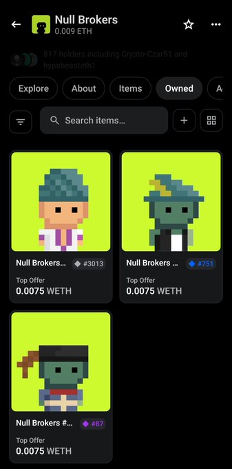An NFT marketplace listing for the 'Null Brokers' collection with a floor price of 0.009 ETH, showing pixel art character cards with top offers of 0.0075 WETH.