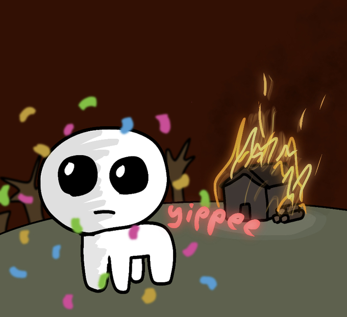 A cartoonish white character with large black eyes stands amidst falling confetti while a small structure burns in the background, with the word "yippee" written in pink text next to it. The cheerful "nvm, yippee" caption appears to ironically contrast with the disturbing scene of fire and destruction behind the otherwise happy-looking character.