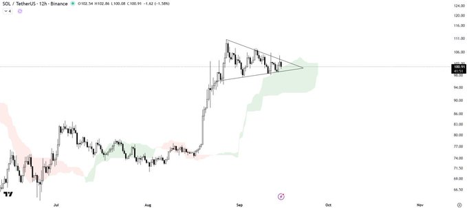 A SOL/USDT 12-hour candlestick chart from Binance shows price around $102.86 (down 1.58%), with SOL consolidating within a bullish pennant pattern above an Ichimoku Cloud support zone between roughly $75–$100, setting up a potential breakout toward higher levels.
