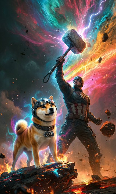 A digital illustration depicts Captain America wielding a glowing hammer, standing alongside a Shiba Inu wearing a 'DOGE' collar and goggles against a colorful, chaotic background.