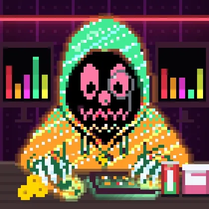 A pixel art image of a hooded figure in a yellow patterned robe sitting at a desk with a keyboard, a mug, cheese, and digital audio bars displayed on screens behind them.