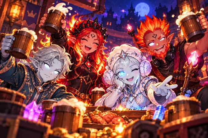 Anime-style artwork featuring four fantasy characters with pointed ears and glowing eyes in a festive tavern setting.