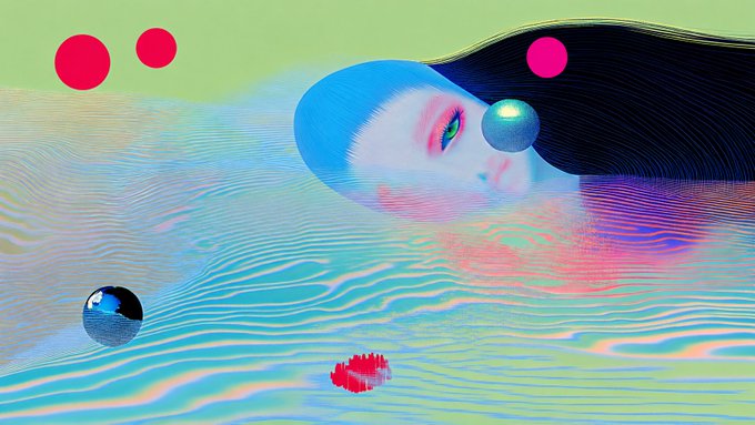 A surreal digital artwork featuring a pale face with vibrant makeup emerging from rippling, iridescent blue and pink water-like textures, accompanied by floating spheres and magenta orbs against a mint green background. The composition visually embodies the title "Liquid Topography," with its undulating waves and shimmering surface effects creating a dreamlike terrain that blends fluid motion with portraiture, perfectly capturing the artist's exploration of texture as a shifting, layered landscape.