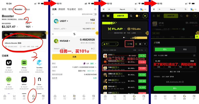 Four smartphone screenshots showing various crypto trading apps with timestamps, including 'Booster', 'Crypto trading', 'Rap.ash', and trading interfaces for USDT and Binance.