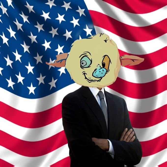A figure in a black business suit stands with arms crossed against a waving American flag background, featuring a cartoonish, distorted yellow animal face as the head.