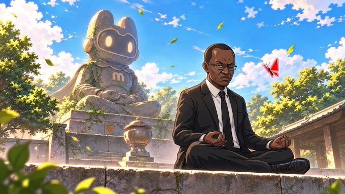 An anime-style illustration of a man in a suit meditating peacefully next to a stone statue of a robot cat.