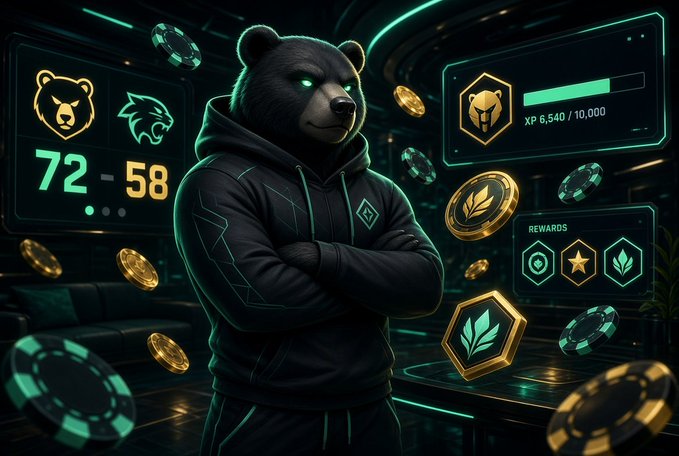 Digital artwork of a bear in a hoodie standing with arms crossed in a neon-lit gaming environment, with a scoreboard showing '72 - 58' and an XP bar at '6,540 / 10,000'.