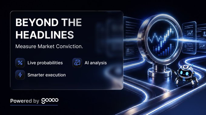 A sleek promotional graphic titled "BEYOND THE HEADLINES" features the tagline "Measure Market Conviction." alongside icons highlighting "Live probabilities," "AI analysis," and "Smarter execution," with a futuristic glowing dashboard, a stylized robot mascot, and "Powered by Goooo" branding—visually reinforcing the post's message of moving past news headlines to use AI-driven tools for gauging real-time market sentiment.