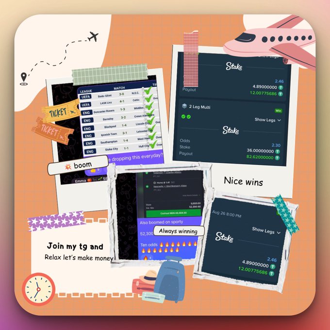 A travel-themed collage showing football match previews, betting slips from 'Stake' showing payouts and 'Nice wins,' and text inviting 'Join my tg and Relax let's make money,' decorated with airplane, ticket, and luggage stickers.