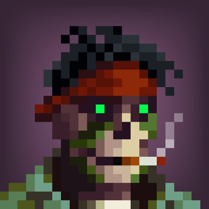 A pixel art portrait of a character with dark hair, green eyes, a beard, and a cigarette in their mouth, set against a purple background.
