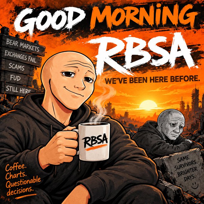 An illustrated 'Good Morning RBSA' graphic showing a cartoon figure holding an RBSA-branded mug with text including 'BEAR MARKETS, EXCHANGES FAIL, SCAMS, FUD, STILL HERE' and 'Coffee. Charts. Questionable decisions.'