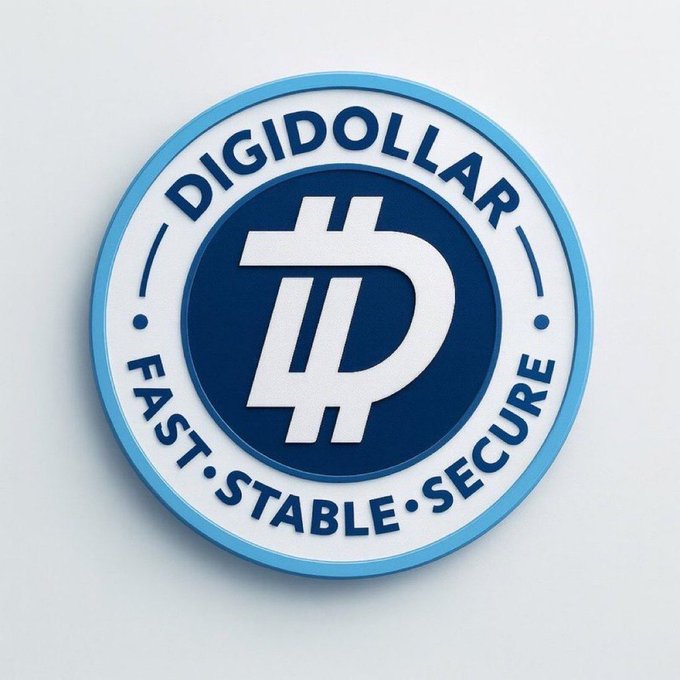 A circular blue and white DigiDollar logo featuring a stylized "D" symbol with text reading "DIGIDOLLAR," "FAST," "STABLE," and "SECURE," promoting the DigiByte (DGB) cryptocurrency's stablecoin project whose DigiShield protection has successfully thwarted 51% attack attempts.