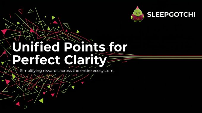 Sleepgotchi promotional image featuring a small green bird mascot and the text 'Unified Points for Perfect Clarity - Simplifying rewards across the entire ecosystem.'