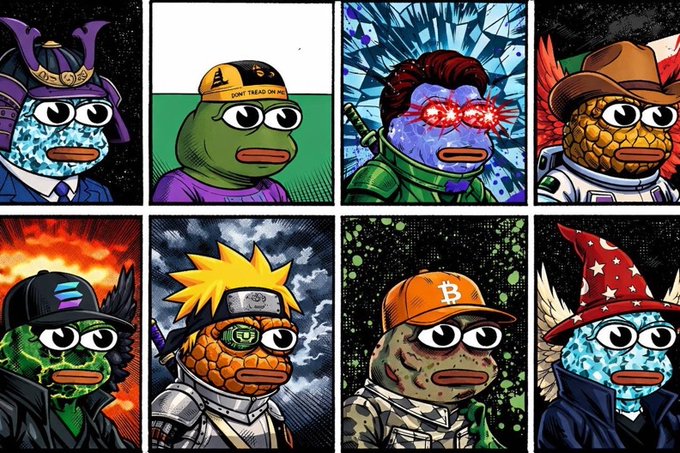 The image features a collection of nine different cartoon characters, each with unique appearances and styles. These characters are depicted wearing hats and glasses, giving them distinct personalities. The post highlights that these characters were created by Pumpfun Pepe, who took inspiration from the popular character "Pumpfun" in the comic book series Peanuts. This approach to character design showcases a fresh take on the classic character, making it stand out among other projects.