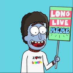 A cartoon character with blue skin wearing an 'I ❤ MY GRANDPA' shirt, holding a 'LONG LIVE MEME' sign.