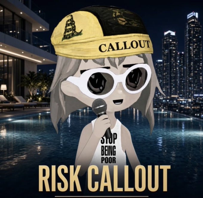 A cartoon-style girl wearing a "CALLOUT" cap, white sunglasses, and a "STOP BEING POOR" tank top holds a microphone by a nighttime pool with a city skyline, with "RISK CALLOUT" displayed in large gold text below—matching the post's promotion of the $RISK token on the Solana ecosystem.