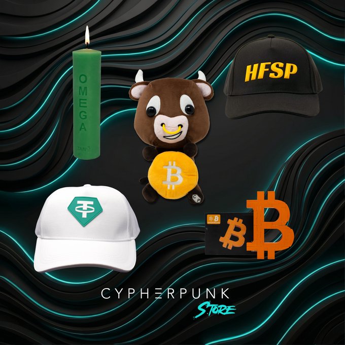 A promotional image for the CYPHERPUNK STORE featuring merchandise including a green 'OMEGA' candle, a brown bull plushie holding a Bitcoin coin, a black 'HFSP' cap, a white Tether cap, and a Bitcoin sticker, all set against a dark, wavy background.