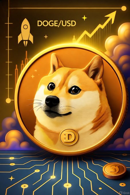 A DOGE/USD cryptocurrency illustration featuring a Shiba Inu dog in a gold coin with a rising price arrow and rocket icon.
