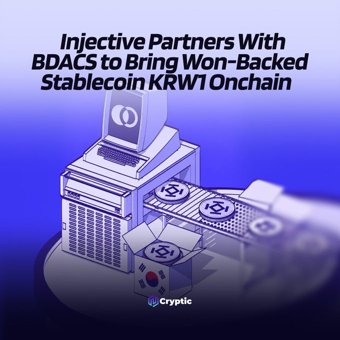 A blue-toned Cryptic graphic shows a computer processing Tether- and Korean won-marked coins, with a box displaying the South Korean flag. The headline reads, “Injective Partners With BDACS to Bring Won-Backed Stablecoin KRW1 Onchain,” illustrating the plan for KRW1 to serve as Injective’s exclusive won-denominated settlement asset for tokenized real-world assets.