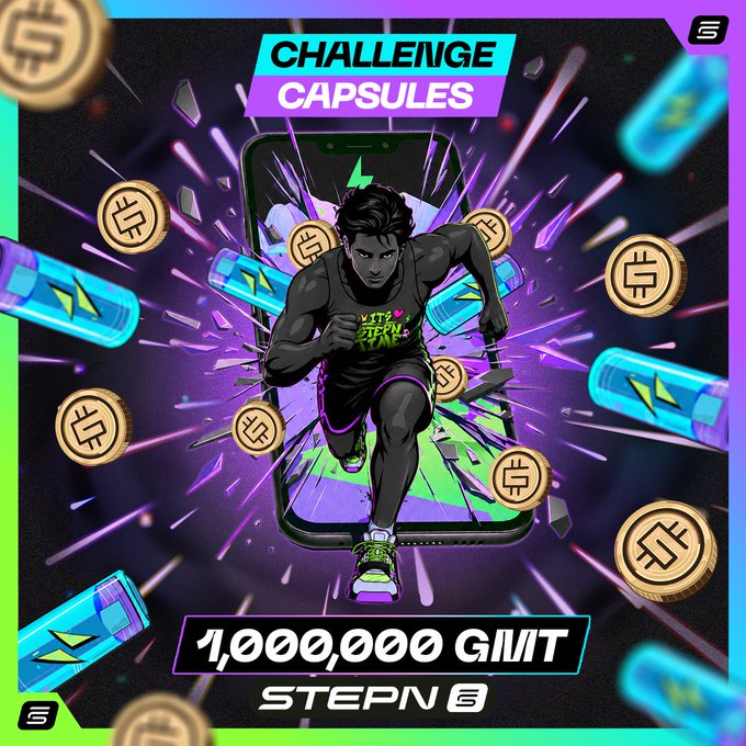 A STEPN promotional graphic titled 'CHALLENGE CAPSULES' featuring a runner bursting out of a phone screen, surrounded by coins and energy capsules, advertising '1,000,000 GMT'.