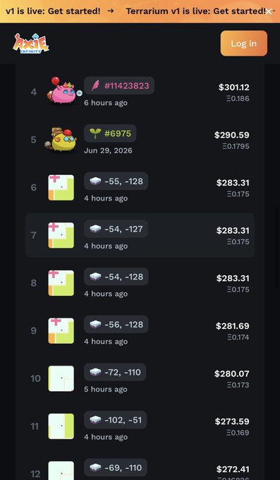 A screenshot of the "Axie Marketplace" showing recent land sales, with the top entries featuring Axie characters #11423823 selling for $301.12 (0.186 ETH) and #6975 for $290.59 (0.1795 ETH), followed by rows of Arctic and Mystic land plots priced between $272-283 (0.169-0.175 ETH) — illustrating the active trading in these terrarium land types mentioned in the post about an upcoming Lunium change.