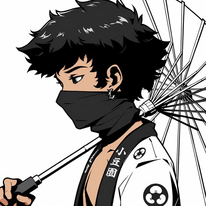 An anime-style illustration of a dark-haired male character wearing a black face covering and a white outfit with the Japanese text "小豆國" and a tomoe symbol, holding an umbrella.