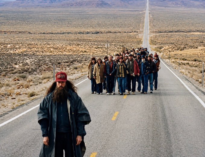 A cinematic shot of a bearded man in a red cap leading a large group of people walking down a long desert highway.