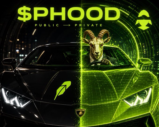 Promotional graphic for $PHOOD transitioning from public to private, featuring a Lamborghini with a goat-headed figure in the driver's seat against a green digital backdrop.