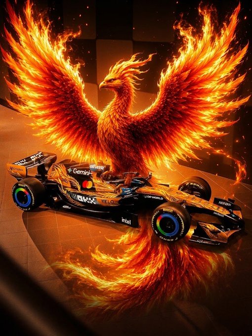 A fiery phoenix with outstretched flame wings rises behind a McLaren Formula 1 race car in a dramatic, artistic rendering.