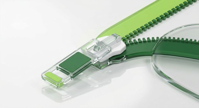 The image shows a close-up of a transparent green and clear zipper slider on a bag, with no visible text, numbers, or tickers. While the post discusses combining AI and crypto, the image itself doesn't visually represent either technology—it simply depicts a zipper mechanism, which doesn't have an obvious thematic connection to the AI/crypto message.