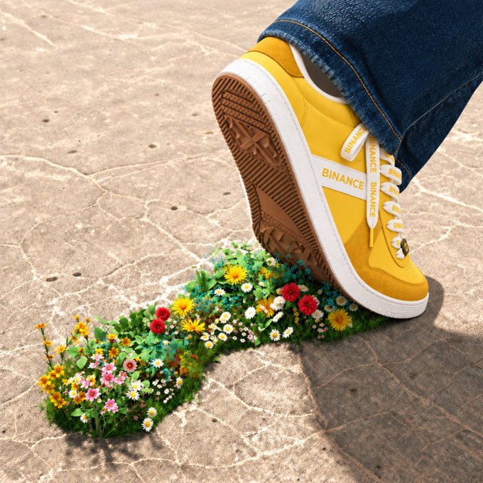 A person wearing blue jeans steps forward in a yellow sneaker branded with "BINANCE" on the side, leaving behind a vibrant trail of flowers blooming from the cracked ground — visually echoing the Chinese phrase "步步生花" (every step blossoms with flowers). The image transforms the literal meaning of the saying into a creative metaphor for Binance's growth and flourishing presence.