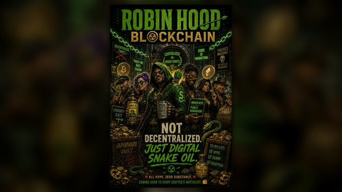 A satirical poster titled 'ROBIN HOOD BLOCKCHAIN' with text 'NOT DECENTRALIZED, JUST DIGITAL SNAKE OIL' and 'ALL HYPE, ZERO SUBSTANCE - COMING SOON TO EVERY GRIFTER'S WATCHLIST', featuring hooded figures with crypto symbols.
