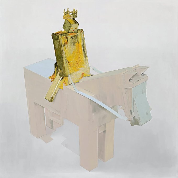 A contemporary art painting featuring an abstract golden sculptural figure resting on geometric pale structures.