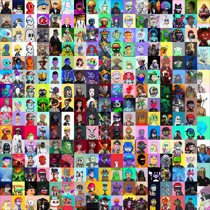 A dense collage grid containing numerous small cartoon and anime character avatars of various styles and colors.