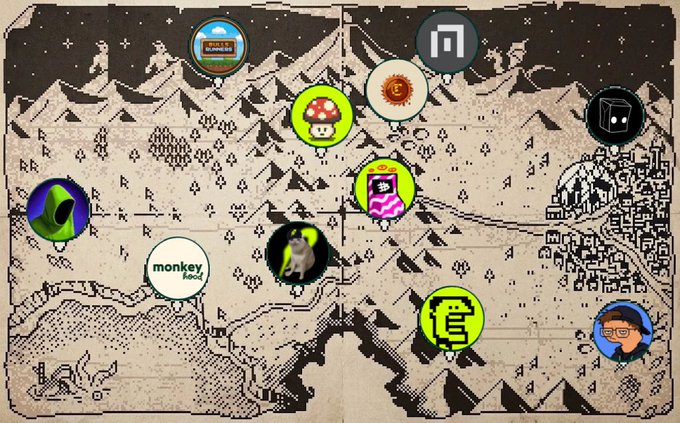 The image displays a pixel-art fantasy map with mountain ranges, forests, and a coastal city, overlaid with various circular community icons. Visible logos include "monkeyfeed," alongside icons featuring a mushroom, a die, a cartoon character with glasses, and other symbols, visually representing the interconnected communities eligible for the "Ashborn" mint being teased from Ashland.
