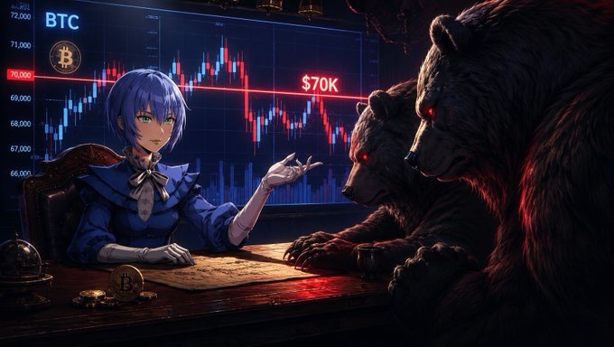 An anime-style girl with blue hair sits calmly at a desk across from two menacing bears, with a BTC chart behind her showing price levels from 66,000 to 72,000 and a bold "$70K" label marking a key resistance. The scene visually represents the post's question of whether Bitcoin will reclaim $70K or if the bearish pressure will continue dominating the market.