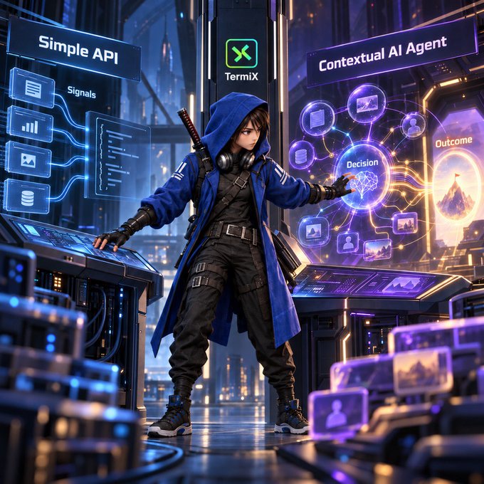 An anime-style character in a blue hooded coat standing in a futuristic tech environment, with floating holographic panels labeled "Simple API," "TermiX," "Signals," and "Contextual AI Agent" depicting decision-making and outcomes.