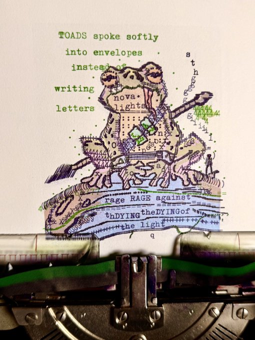 A typewriter page featuring a colorful illustration of a toad, overlaid with typewriter-style text reading 'TOADS spoke softly into envelopes, instead of writing letters' and 'rage RAGE against the DYING of the light'.
