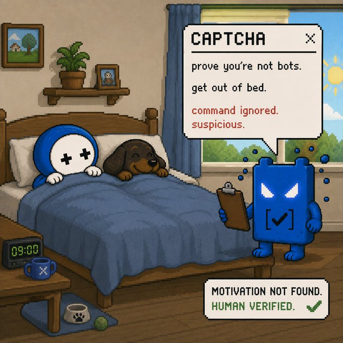 A pixel art scene shows a person in bed refusing to wake up, with an angry blue robot administering a CAPTCHA test. Text reads 'CAPTCHA prove you're not bots. get out of bed. command ignored. suspicious.' and 'MOTIVATION NOT FOUND. HUMAN VERIFIED.'