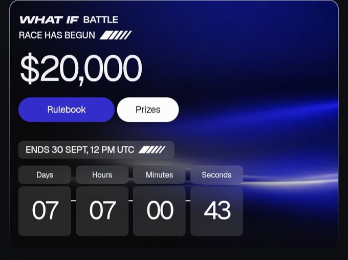 A 'WHAT IF BATTLE' screen shows a $20,000 prize pool with a countdown timer indicating the race ends on 30 Sept at 12 PM UTC in 7 days, 7 hours, and 43 seconds.