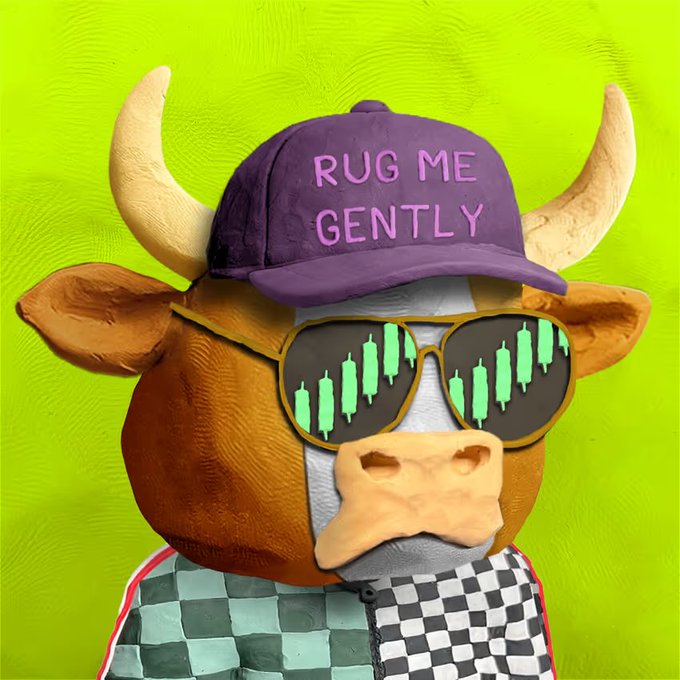 A claymation cow character wearing a purple cap reading 'RUG ME GENTLY' and sunglasses reflecting green stock market candlestick charts.