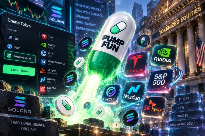 Futuristic collage depicting 'Pump Fun' and 'Tokenized Equities', showing stock market elements like NVIDIA, Tesla, S&P 500, and Nasdaq tokens being launched on Solana blockchain.